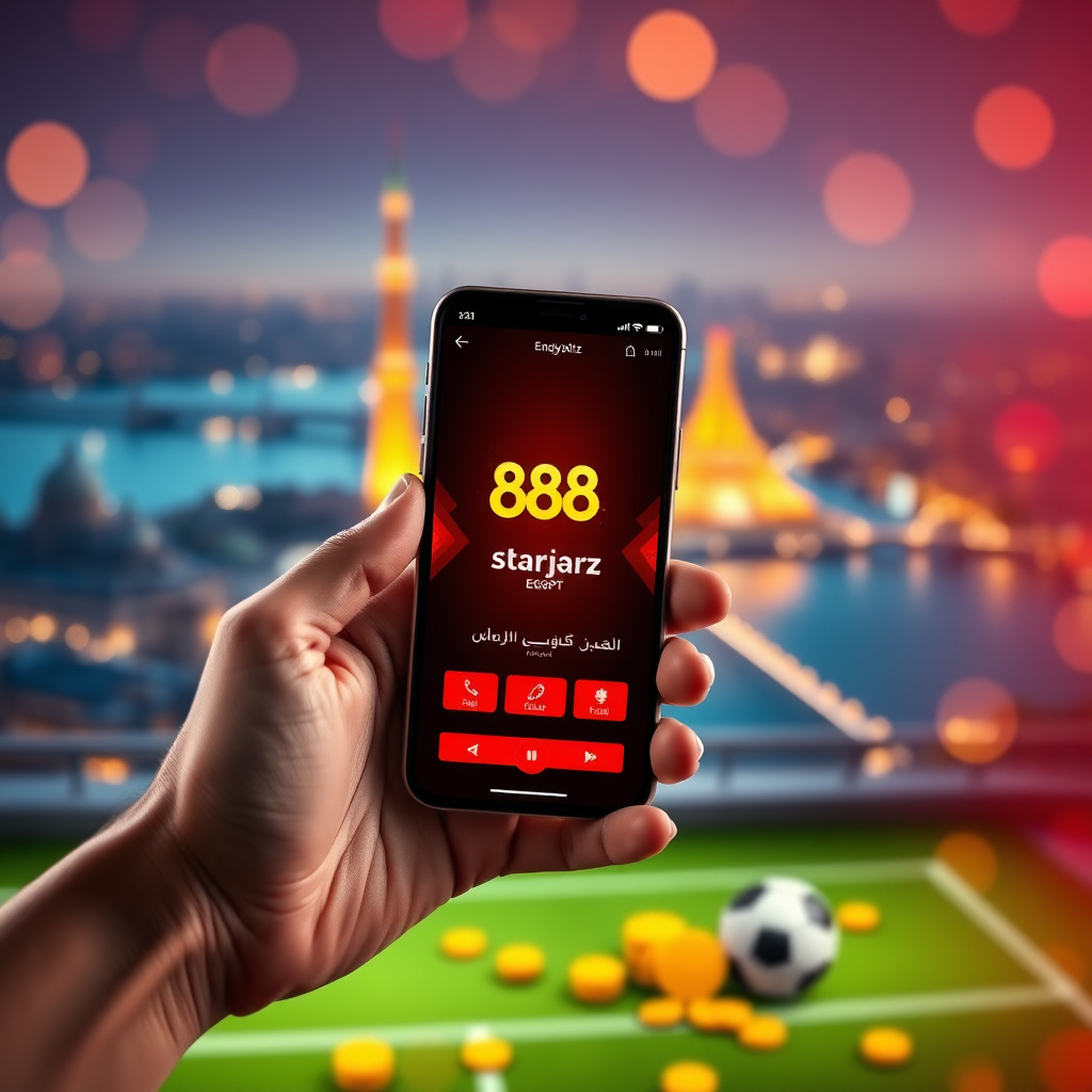 A hand holding a luxury smartphone displaying the official 888starz Egypt app with a sleek red and black interface in Arabic, background is the Cairo Tower and the Nile River at night with vibrant golden and red bokeh lights, 3D golden coins and a soccer 